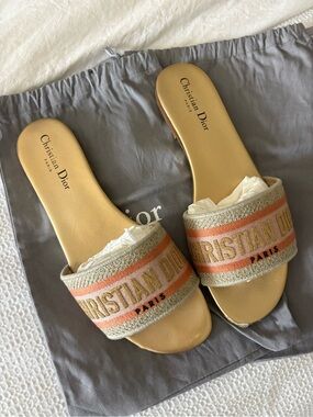Dior gold and Coral Embroidered Slide Sandals